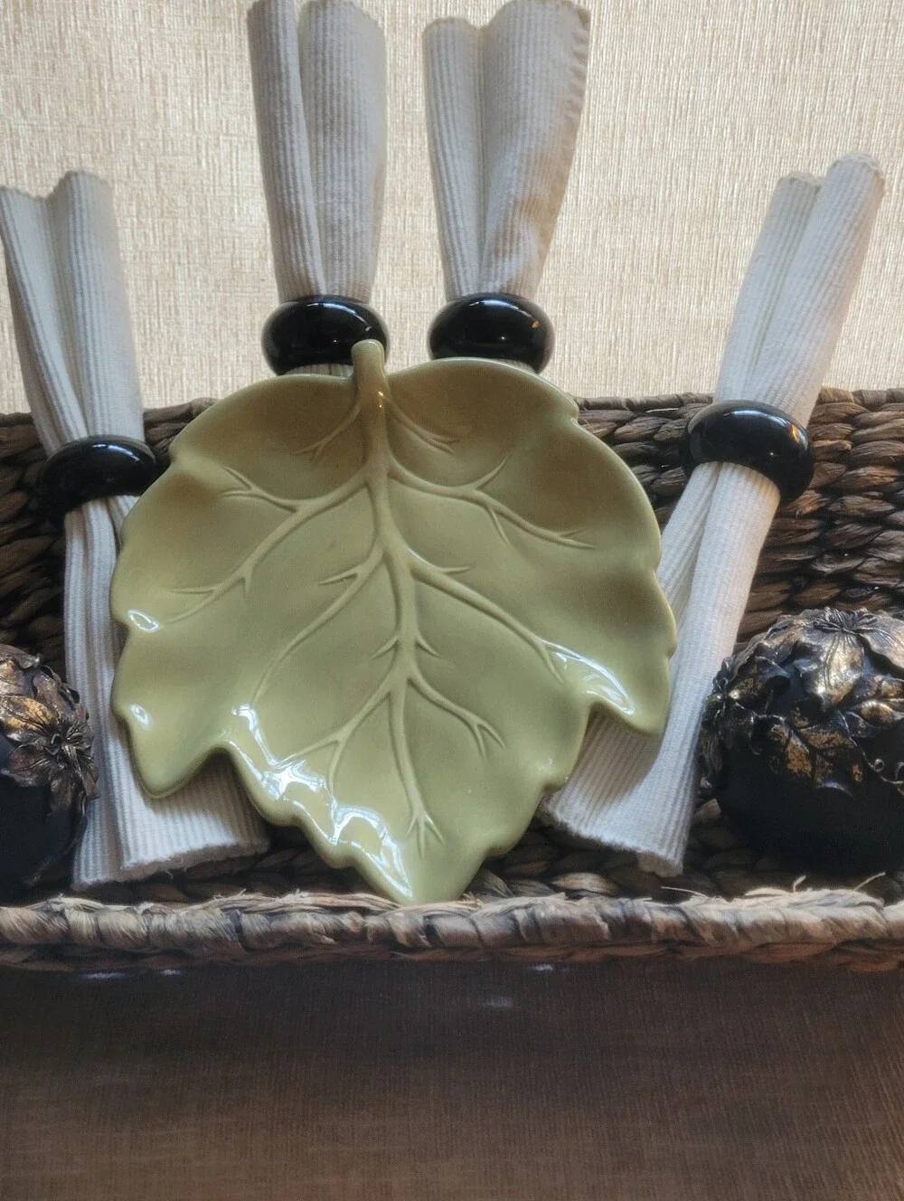 Curated Autumn Tablescape Collection | Olive Leaf Dish, Black Napkin Rings, Fall